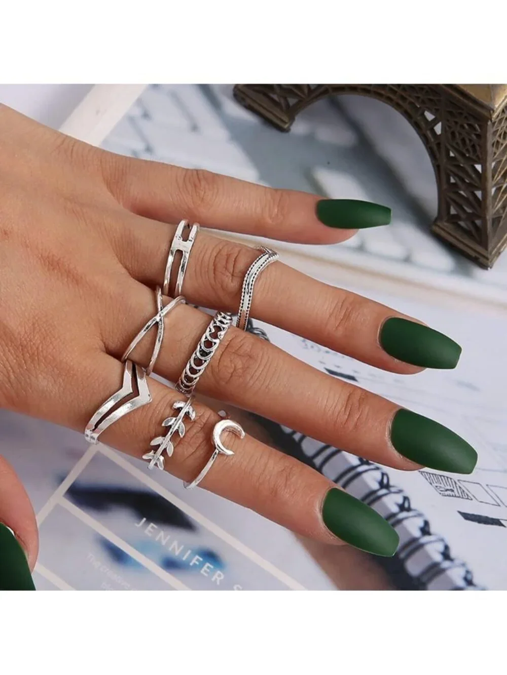 Women's Silver Plated Zinc Silver Star Moon Vintage Stack able Knuckle Ring Set